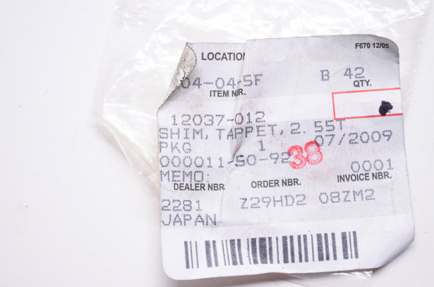OEM Kawasaki 12037-012 Tappet Shim 2.55T NOS
