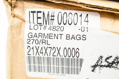 New Aftermarket Garment Bag Roll 21x4x72x.0006 NOS