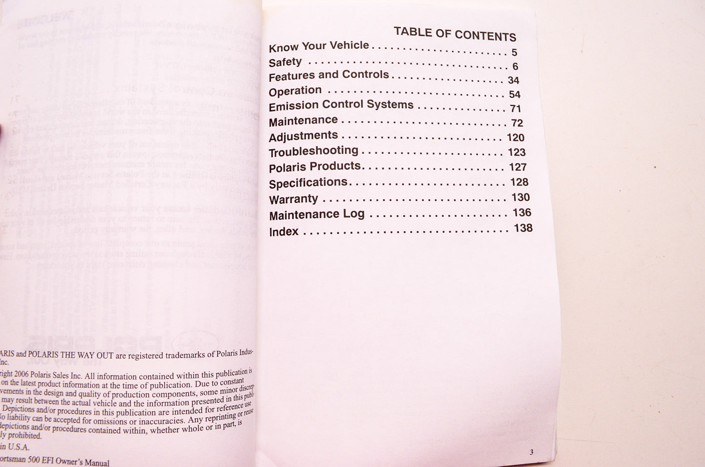 OEM Polaris 9920364 Owner's Manual 07 Sportsman 500 EFI