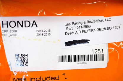 No-Toil 1251, 1011-2968 Honda Pre-Oiled Air Filter CRF 250R 450R NOS