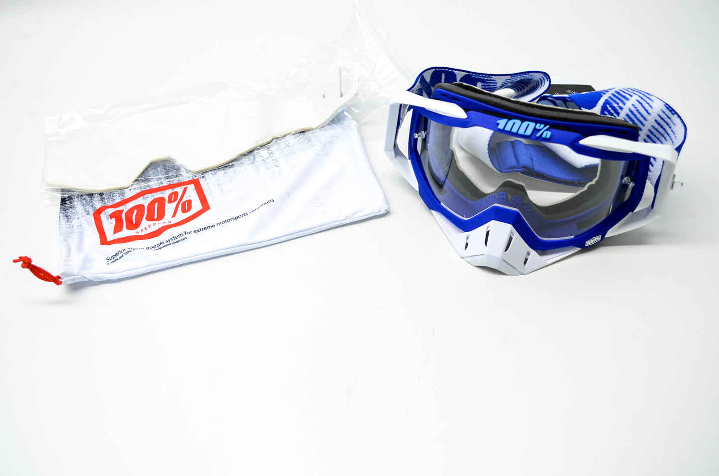 New 100 Percent The Racecraft Blue/White Clear Lens Goggle NOS