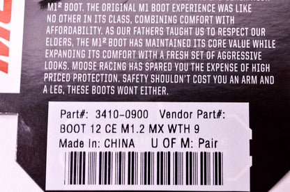 M12 Black White Adult US 9 MX Boots NOS