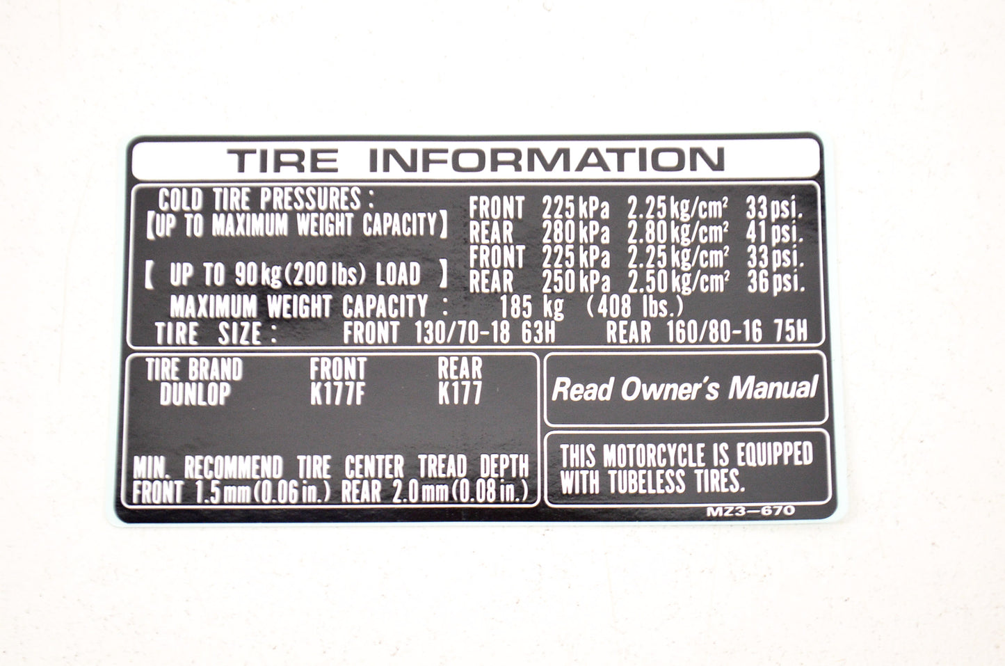 OEM Honda 87505-MZ3-670 Tire Label