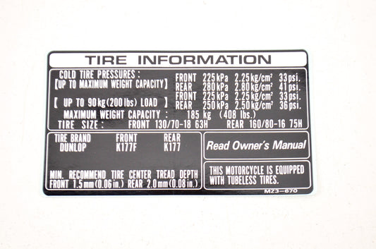 OEM Honda 87505-MZ3-670 Tire Label