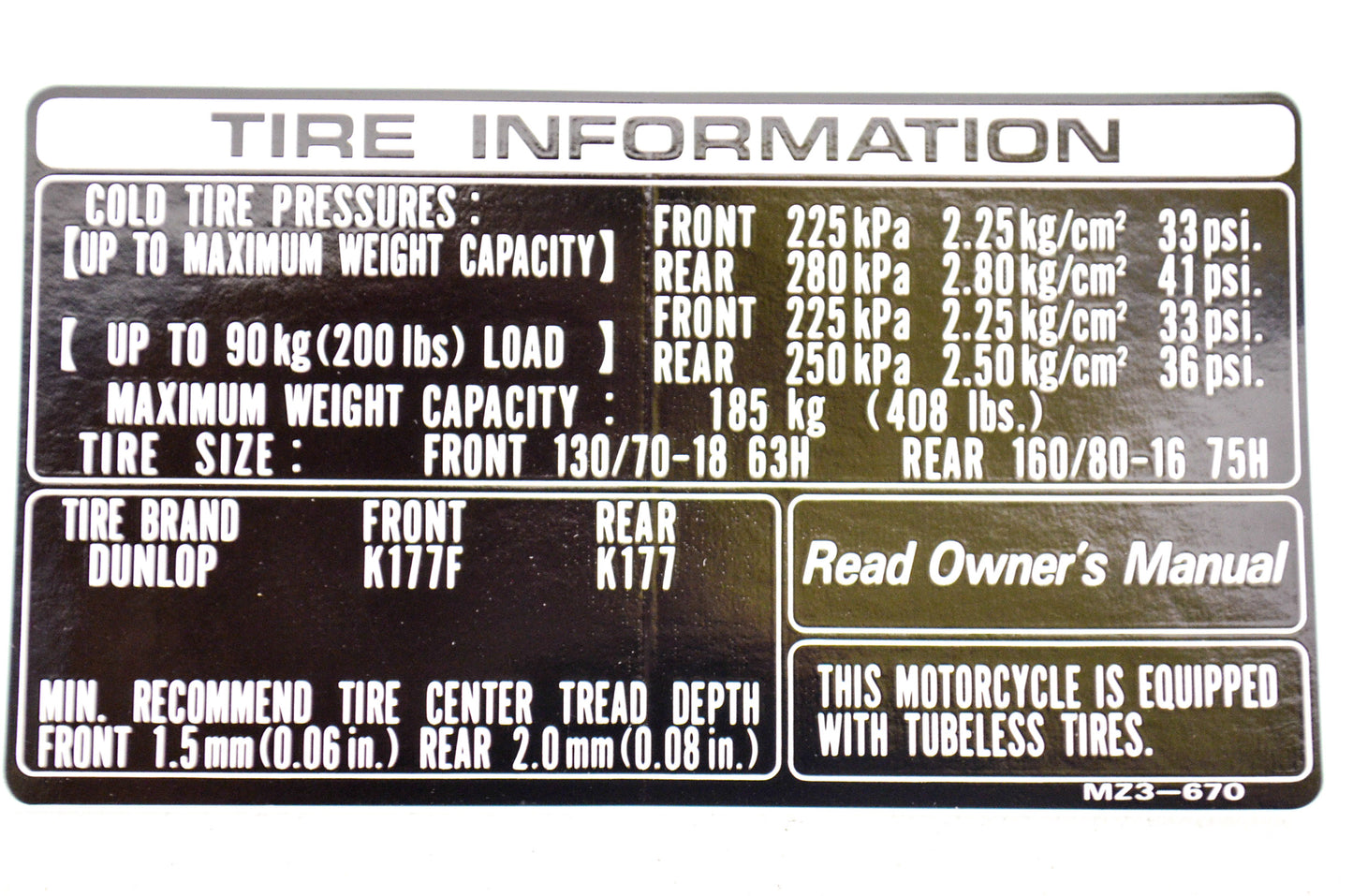 OEM Honda 87505-MZ3-670 Tire Label