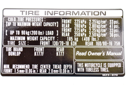 OEM Honda 87505-MZ3-670 Tire Label