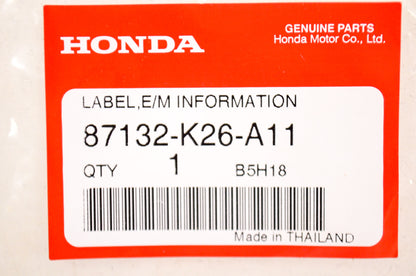 OEM Honda 87132-K26-A11 Emission Label NOS
