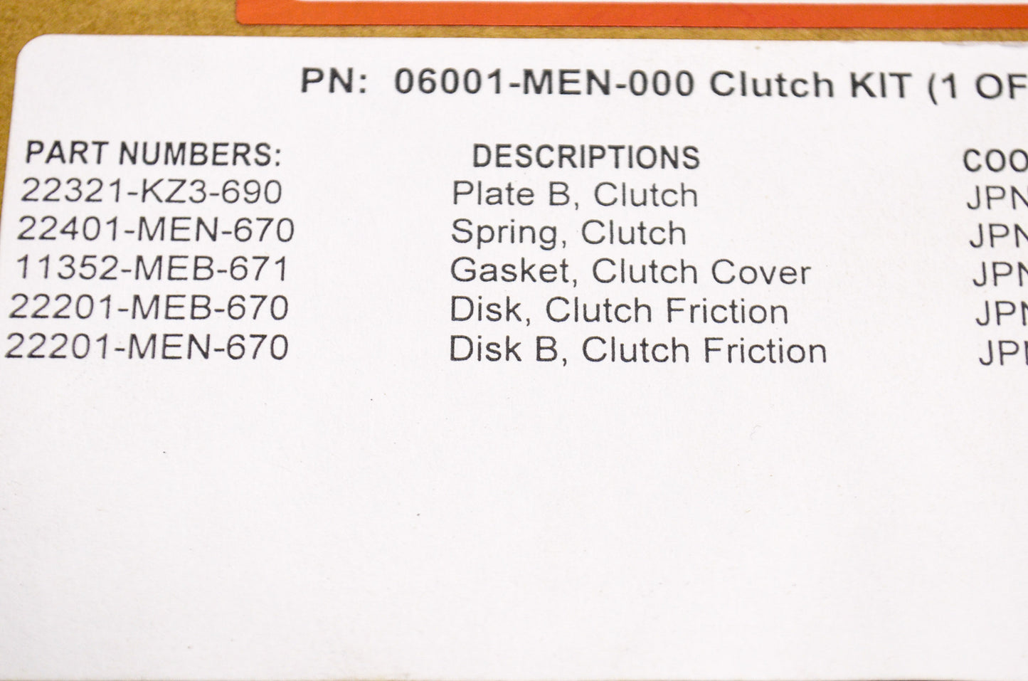 OEM Honda 06001-MEN-000 Clutch Kit NOS