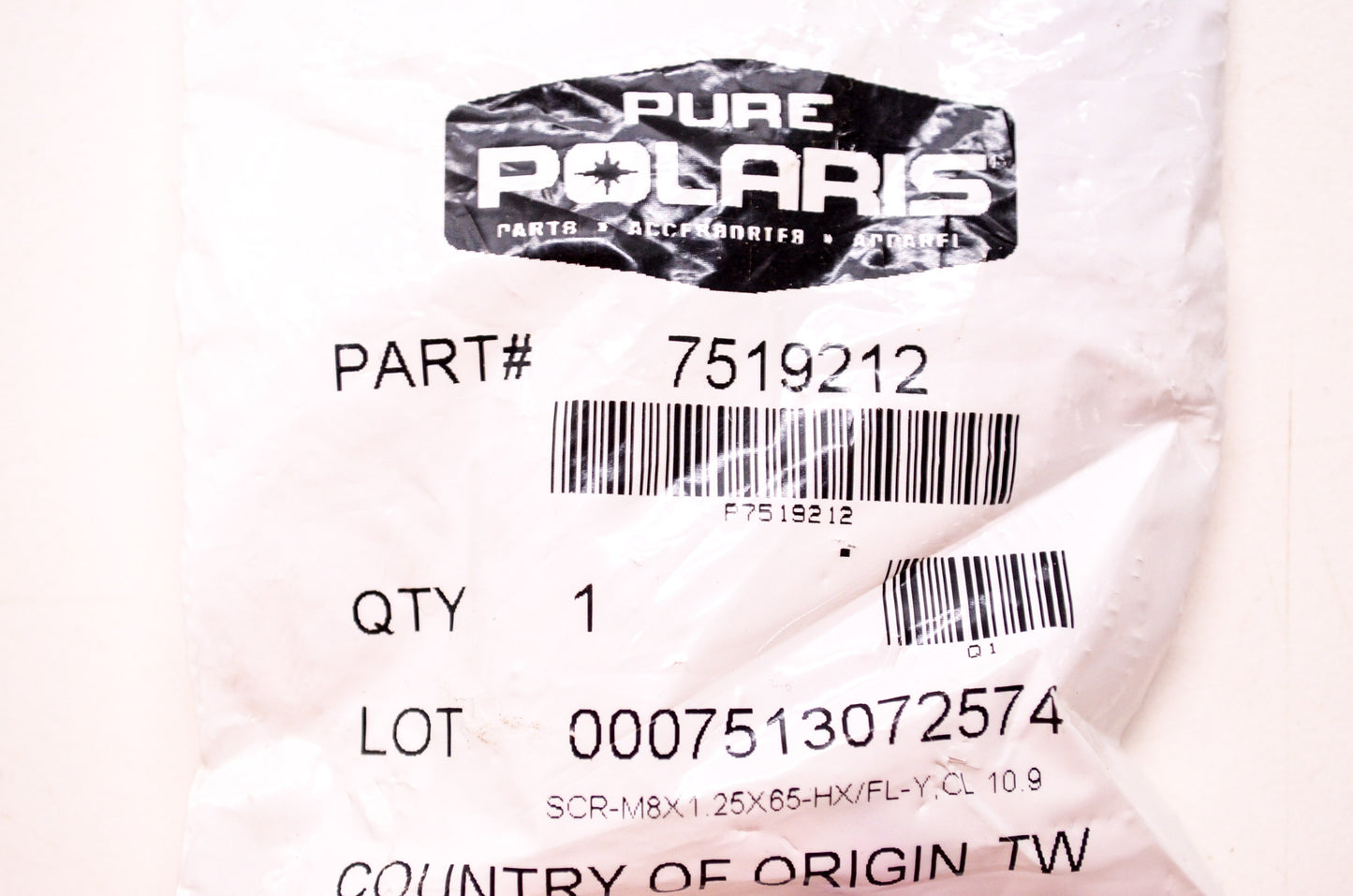 OEM Polaris 7519212 Screw M8X1.25X65-HX/FL-Y,CL 10.9 NOS