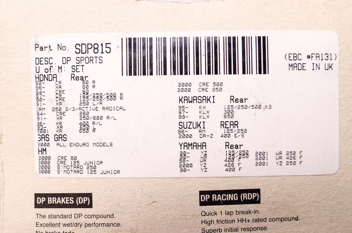 New DP Brakes Pro MX Brake Pad Pair Honda Gas HM Kawasaki Suzuki Yamaha NOS