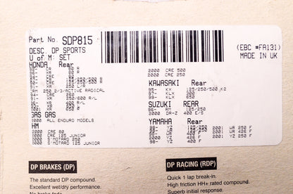 New DP Brakes Pro MX Brake Pad Pair Honda Gas HM Kawasaki Suzuki Yamaha NOS