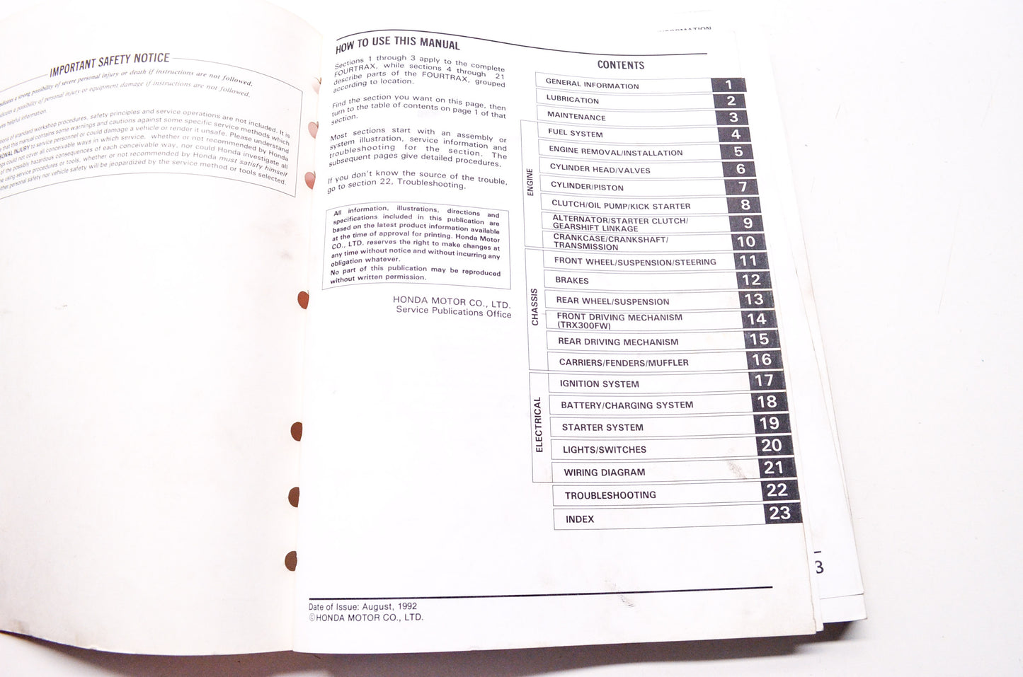 OEM Honda 61HC406 Service Manual TRX300FW 88-94