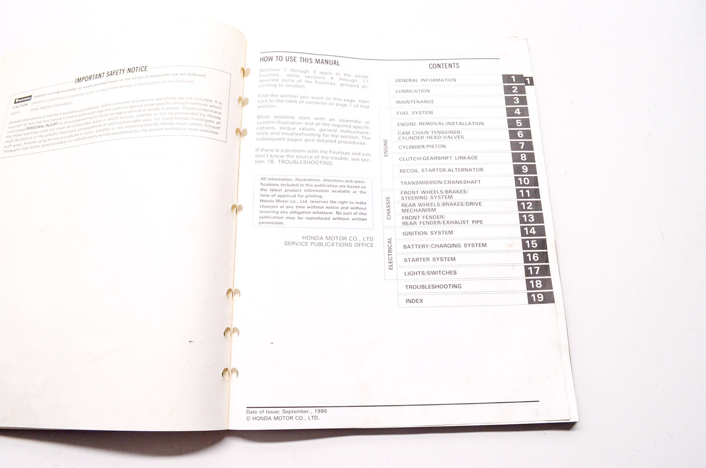 Honda Service Shop Manual TRX125 Fourtrax 87-88
