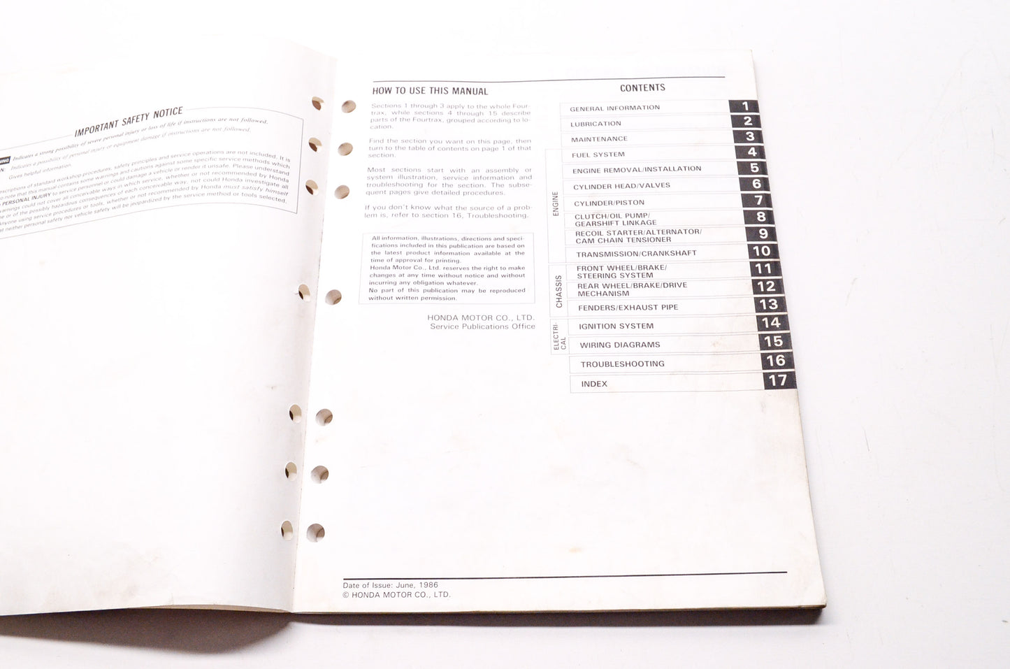 Honda Service Shop Manual TRX70 Fourtrax 86-87