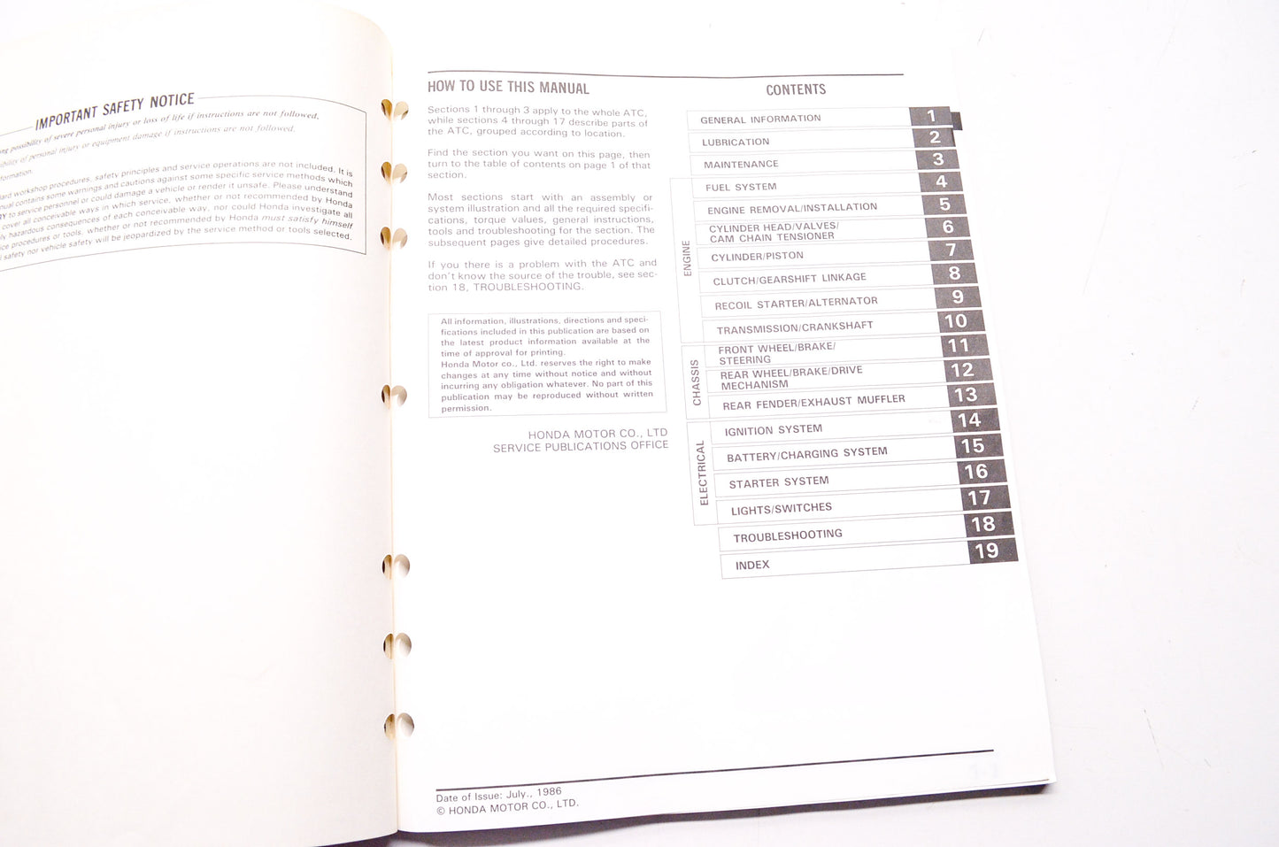 Honda Service Shop Manual ATC125M 86-87