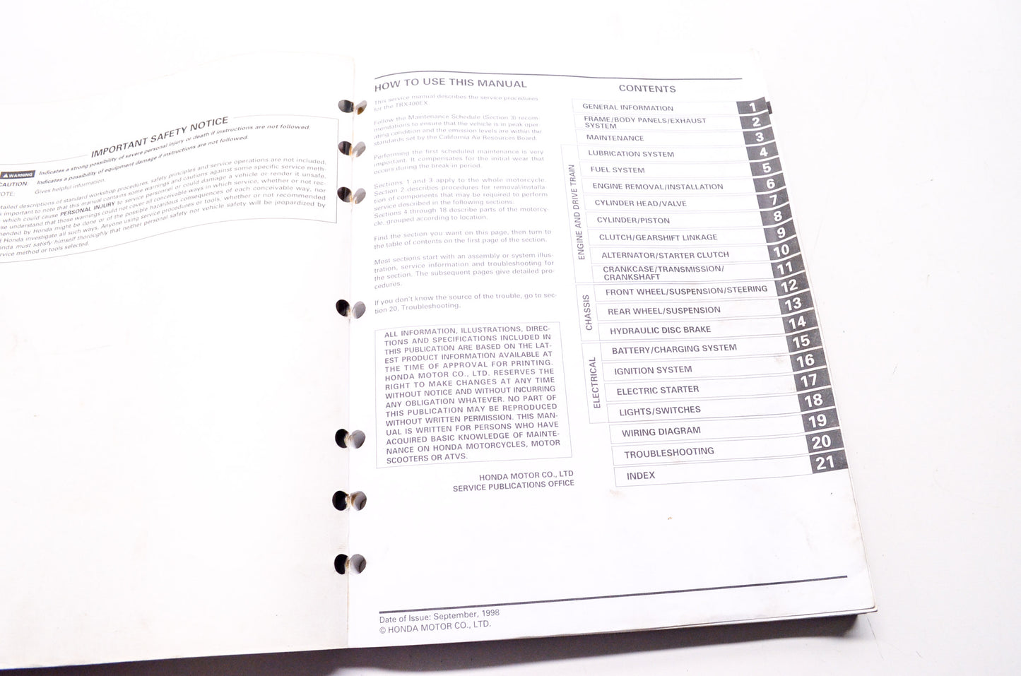 OEM Honda 61HN105 Service Manual TRX400EX 99-04