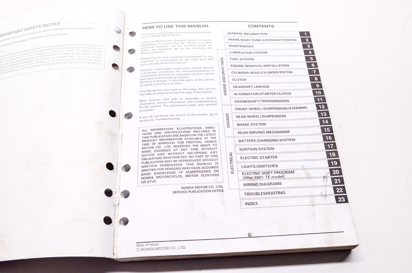 OEM Honda 61HM807 Service Manual TRX250 97-04