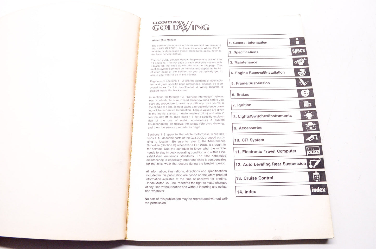 Honda Goldwing GL1200 1985 Limited Edition Service Shop Manual Supplement