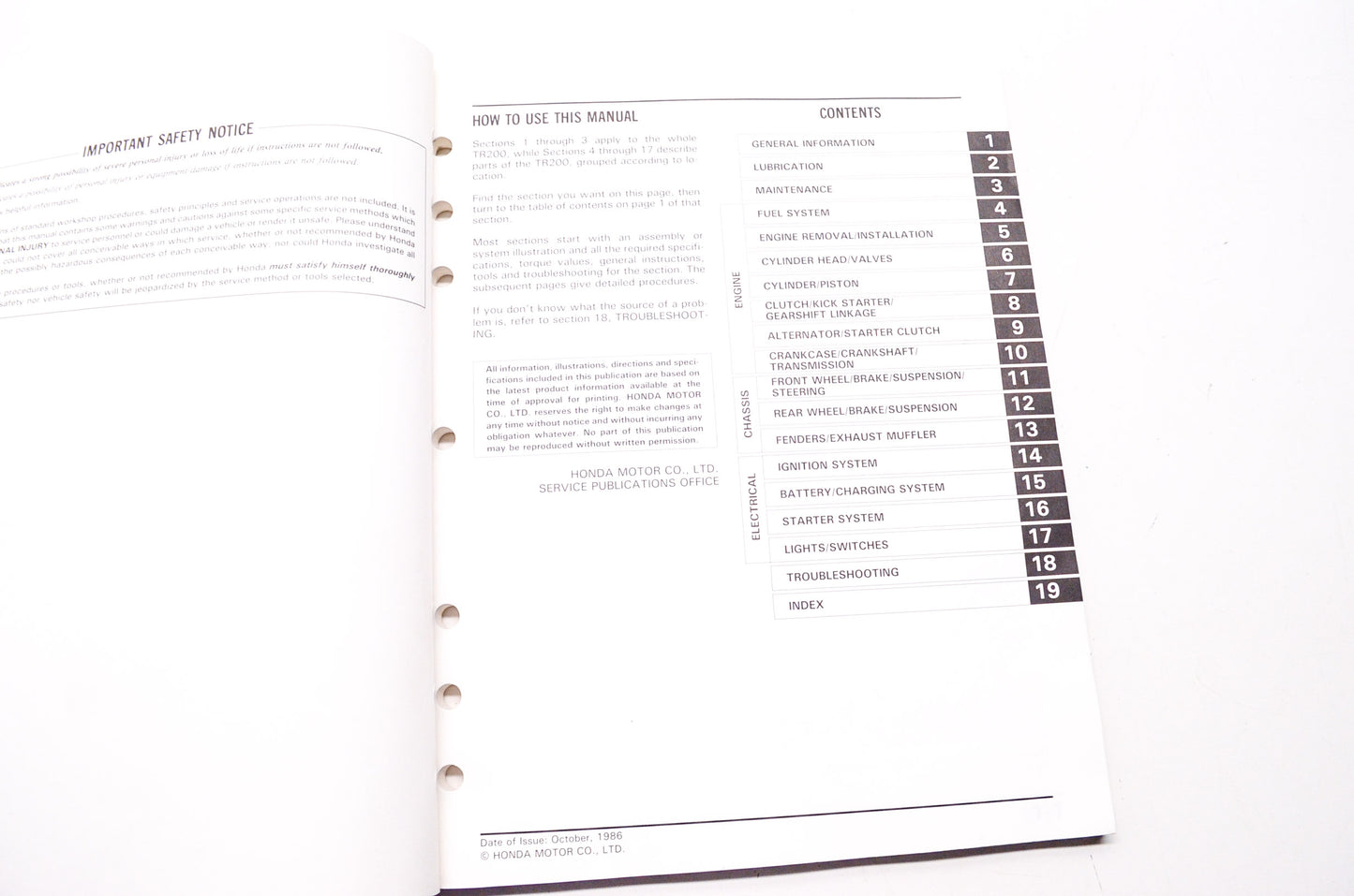 Honda Service Shop Manual 86-87 TR200 Fatcat