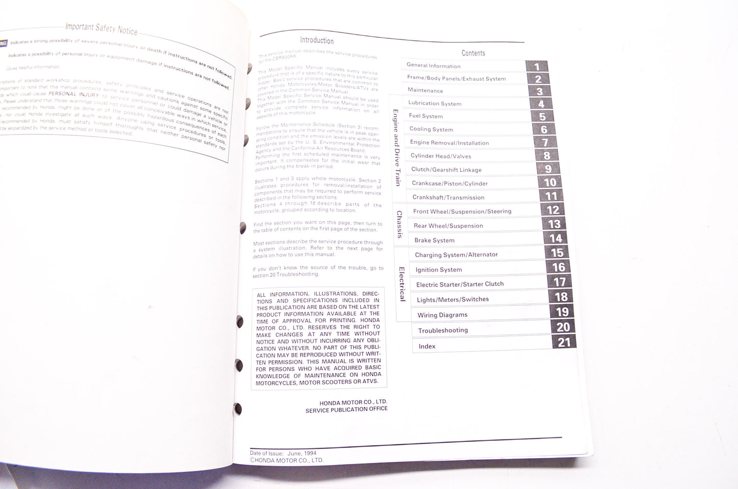 OEM Honda 61MW002 Service Manual 95 CBR900RR