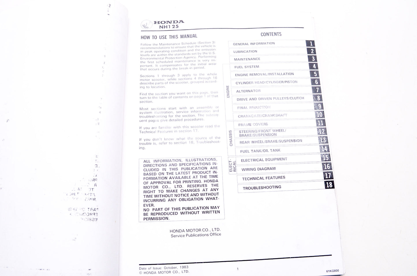 OEM Honda 61KG800 Service Shop Manual 1984 NH125 Aero