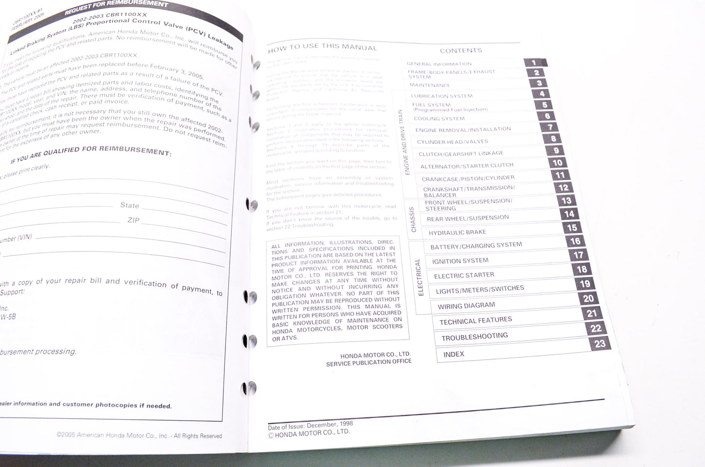 OEM Honda 61MAT54 Service Manual CBR1100XX 99-3