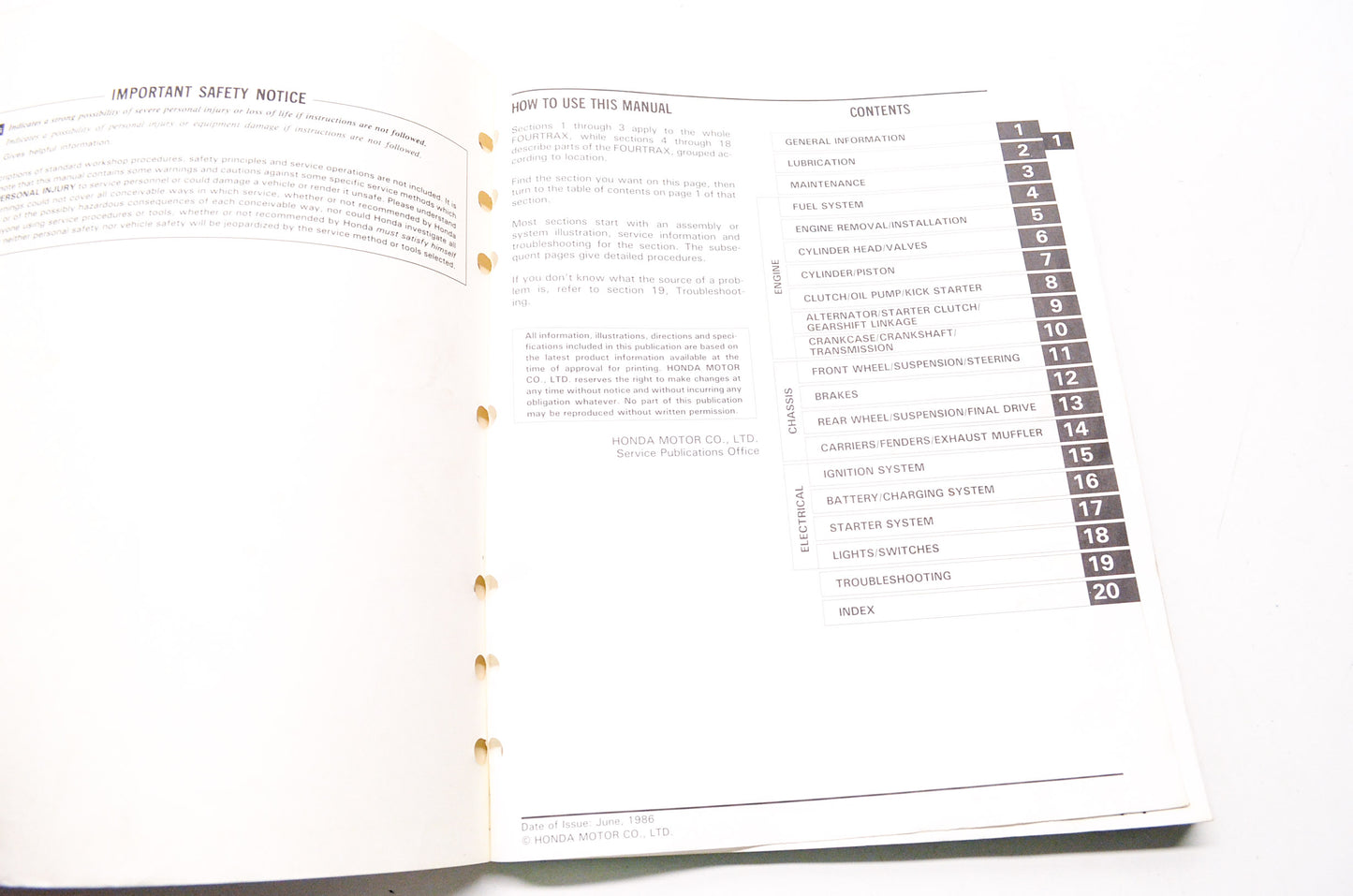 Honda Service Shop Manual 85-87 TRX250 Fourtrax 250