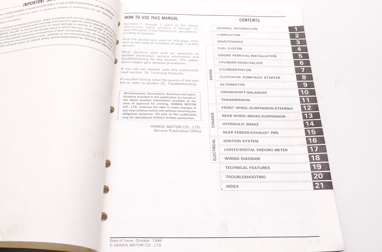 Honda Service Shop Manual 85-87 XR600R