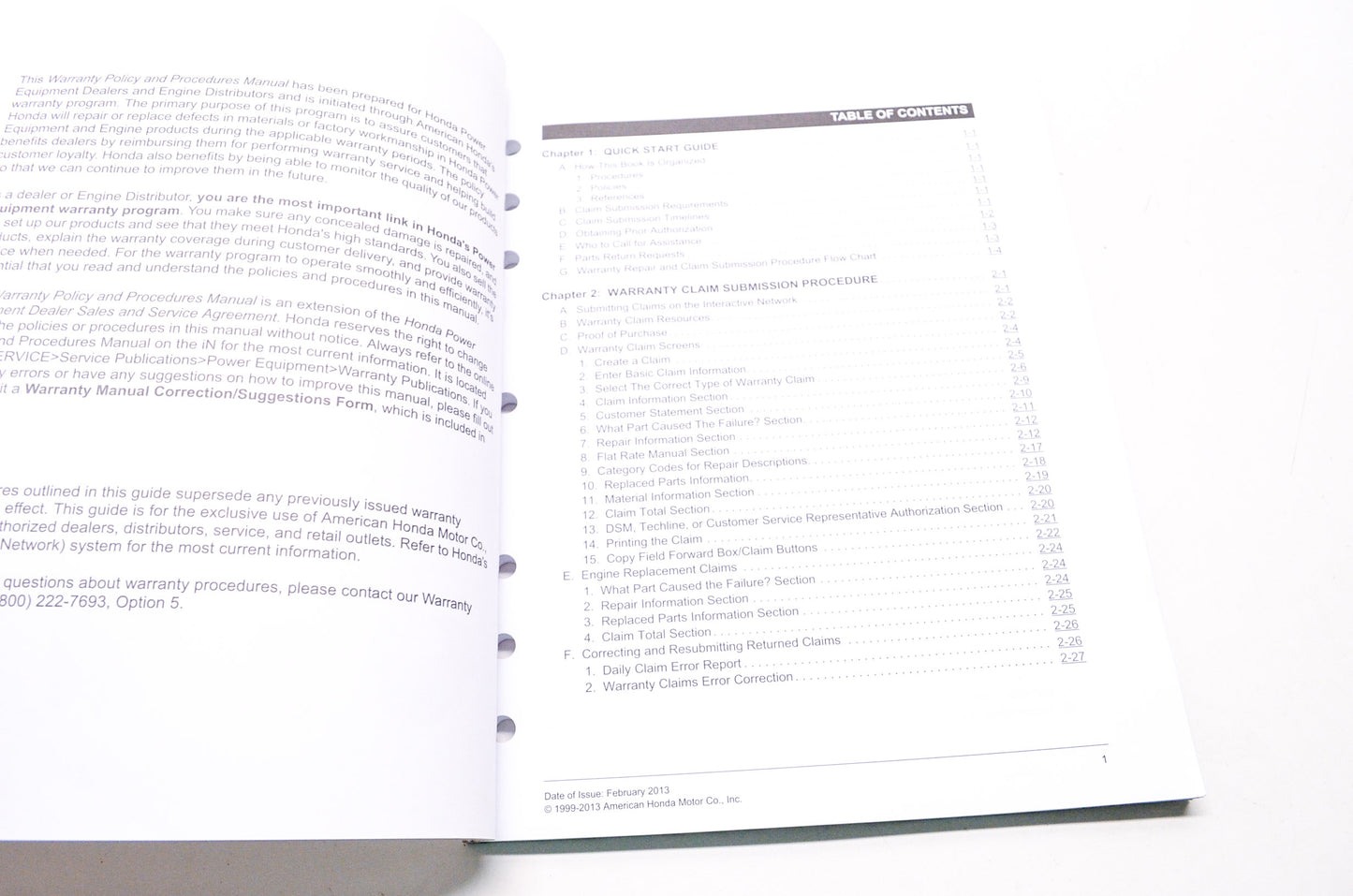 OEM Honda TO954 Power Equipment Warranty Policy and Procedures Manual Eighth Edi