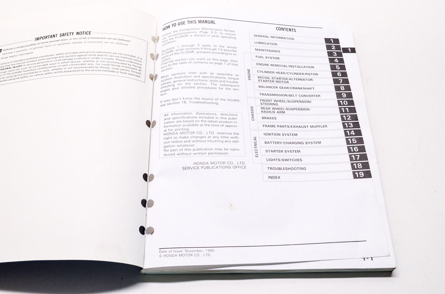 Honda Official Service Shop Manual FL350R Odyssey 350 85