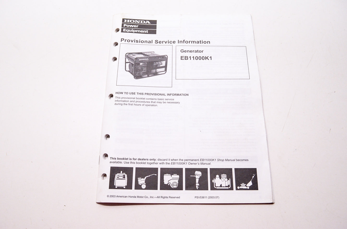 OEM Honda PSV53611 (2003.07) Power Equipment Provisional Service Shop Informatio