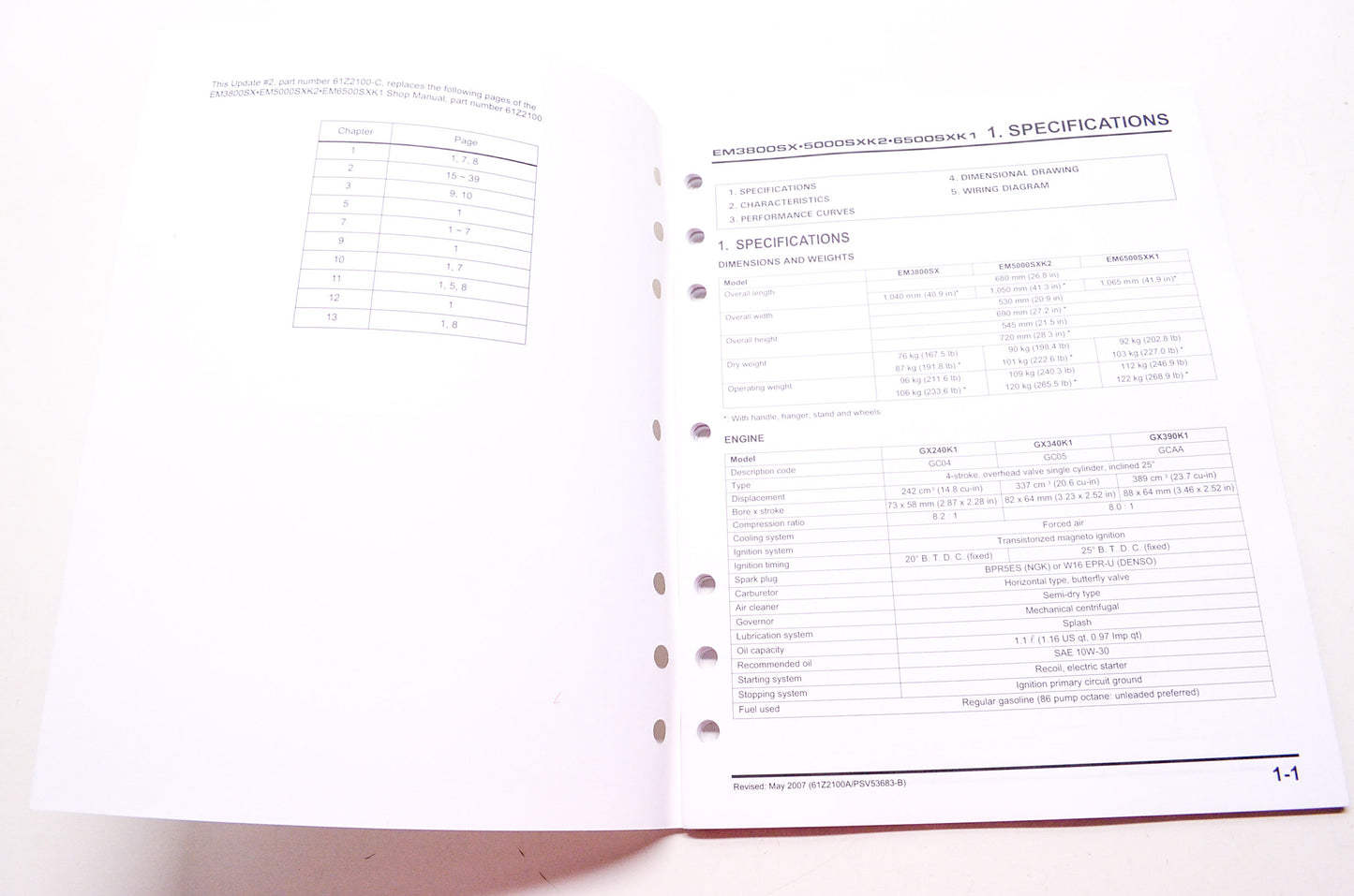 Honda Service Shop Manual Update #2 EM3800SX EM5000SXK2 EM6500SXK1