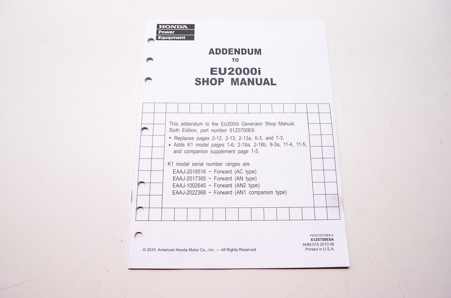 Honda Power Equipment Addendum to EU2000i Service Shop Manual
