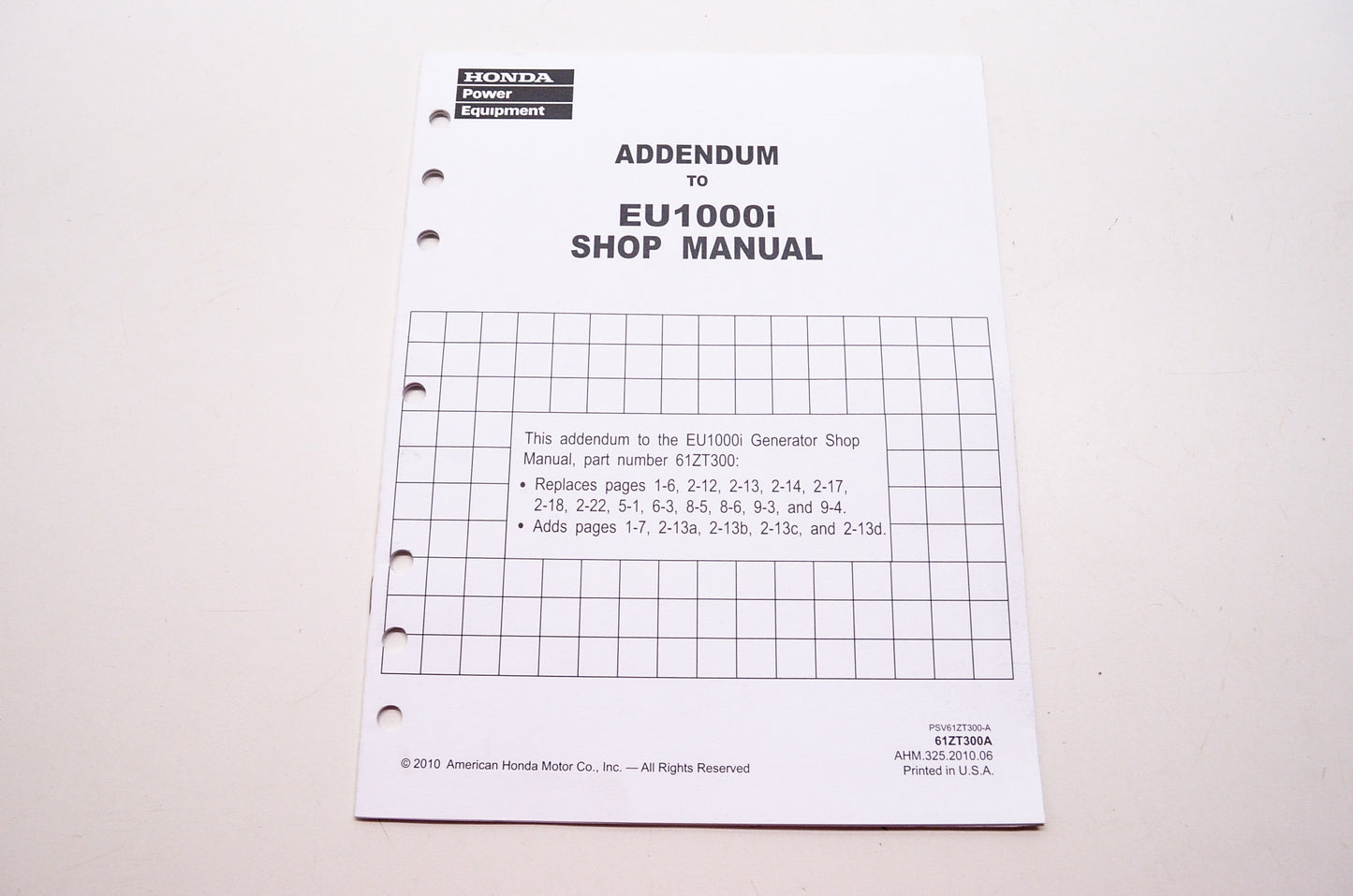 OEM Honda 61ZT300A Power Equipment Addendum to EU1000i Service Shop Manual