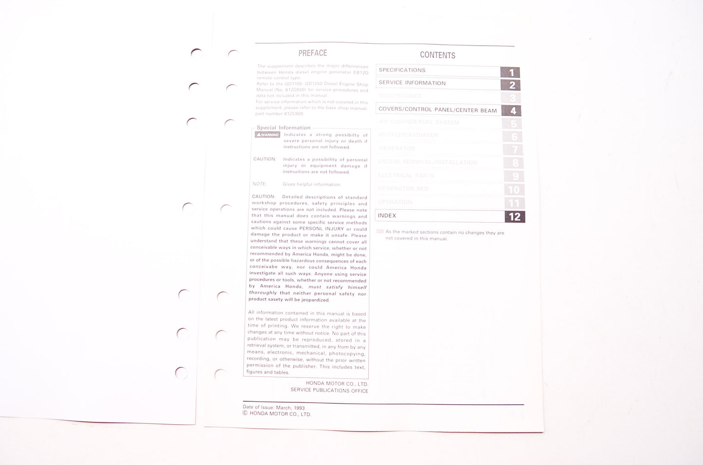 Honda Power Equipment Service Shop Manual Generator EB12D Supplement