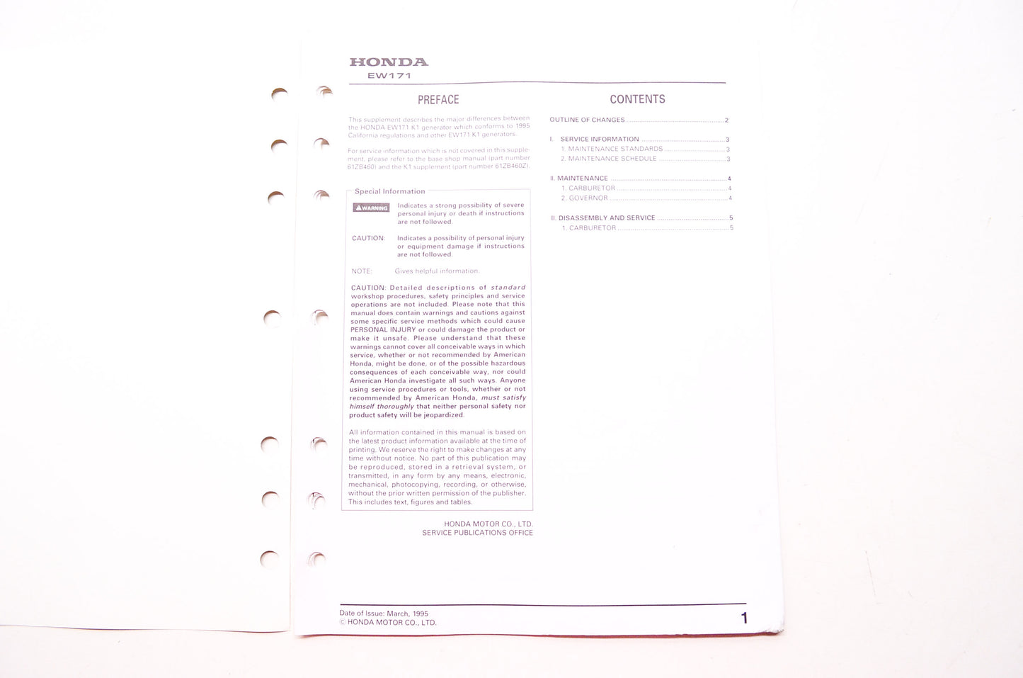 Honda Power Equipment Service Shop Manual Generator EW171 Supplement