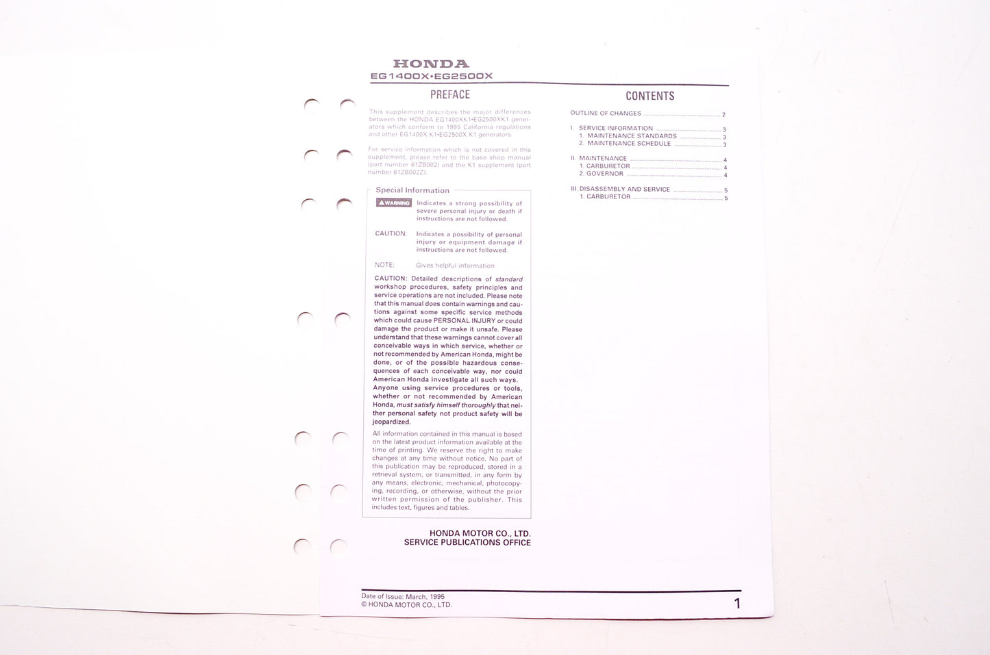 OEM Honda 61ZB002Y Power Equipment Service Shop Manual Generator EG1400X EG2500X