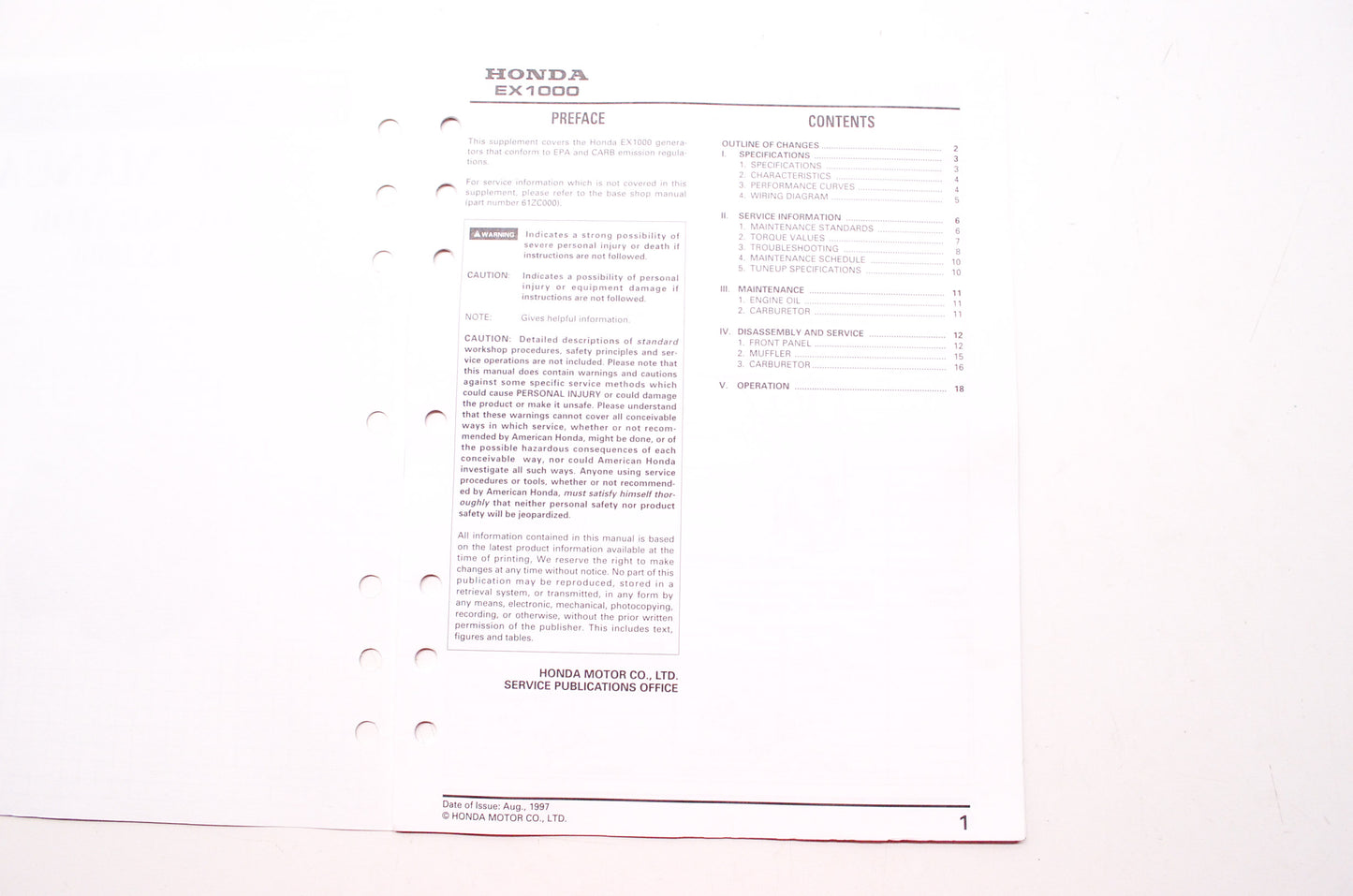 Honda Service Shop Manual Generator EX1000 Supplement