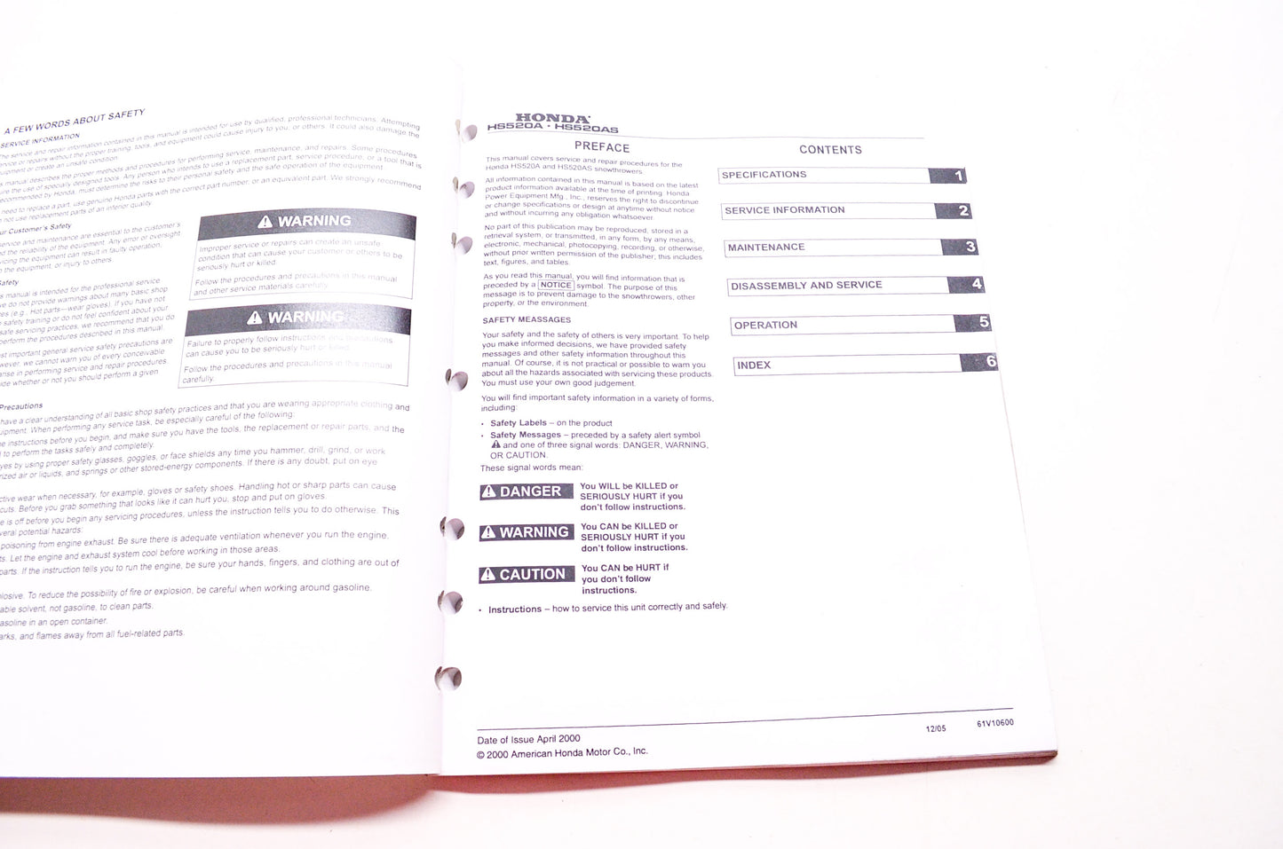 OEM Honda 61V10600 Power Equipment Service Shop Manual Snowthrower HS520A HS520A