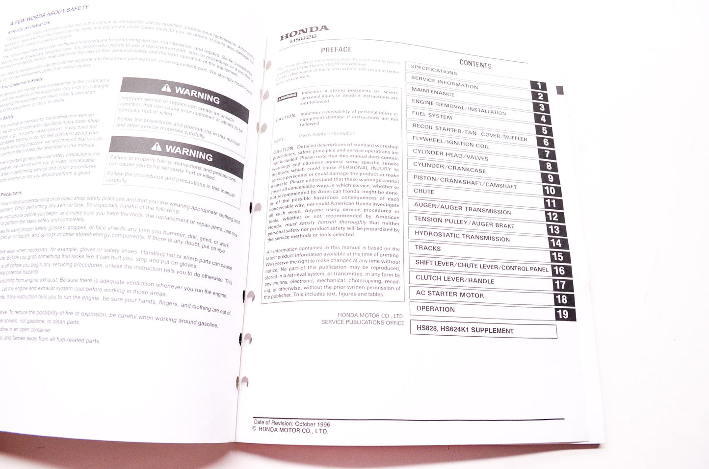 Honda Power Equipment Service Shop Manual Snowblower HS828