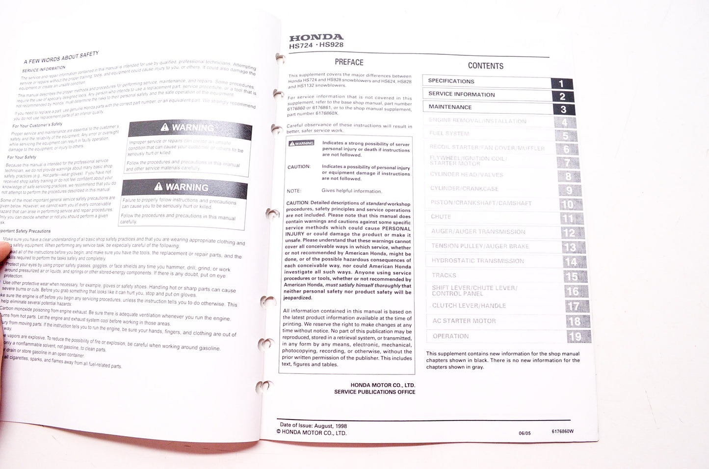 Honda Power Equipment Service Shop Manual Snowblower HS928 Supplement