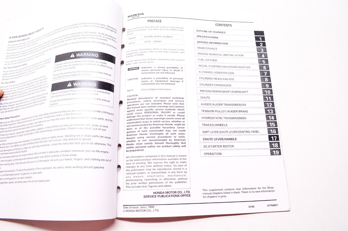 Honda Power Equipment Service Shop Manual Snowblower HS724 Supplement