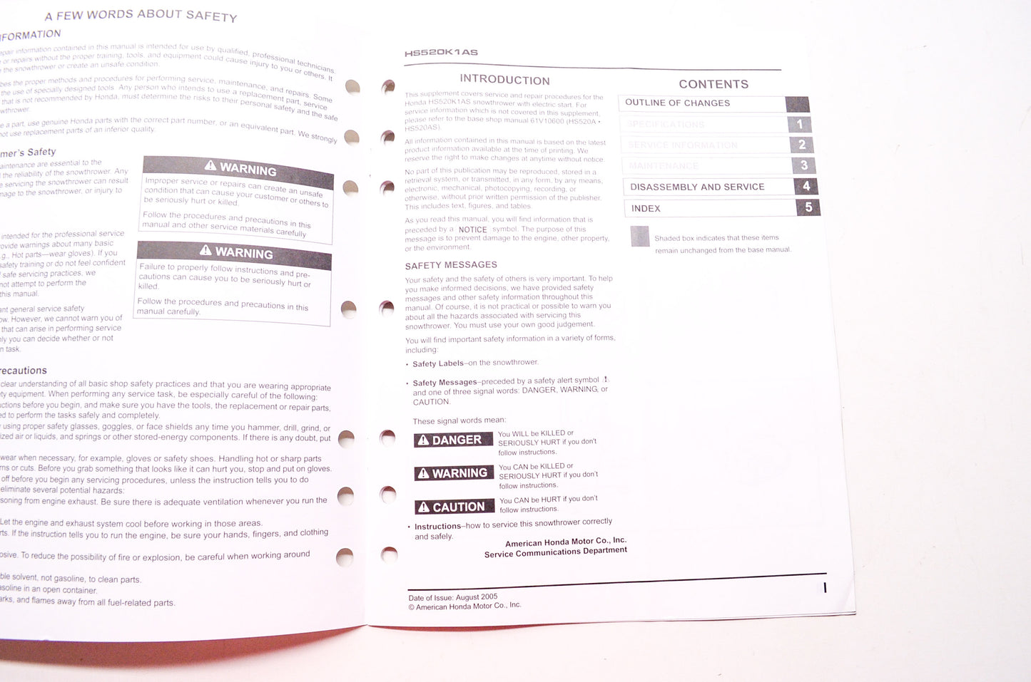 Honda Power Equipment Service Shop Manual HS520K1AS Supplement