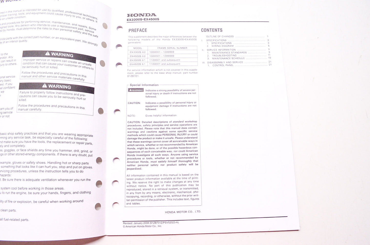 OEM Honda 61ZB701Z Service Shop Manual Supplement Generator EX3300SK1 EX4500SK1