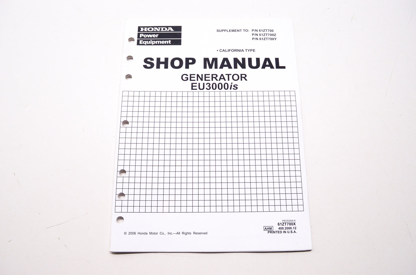 Honda Power Equipment Service Shop Manual Generator EU3000is Supplement
