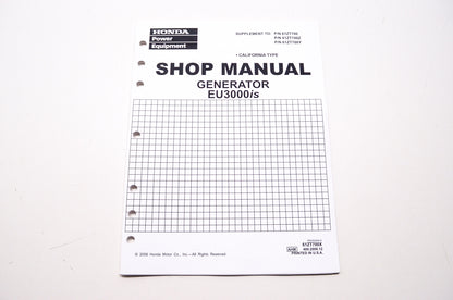 Honda Power Equipment Service Shop Manual Generator EU3000is Supplement
