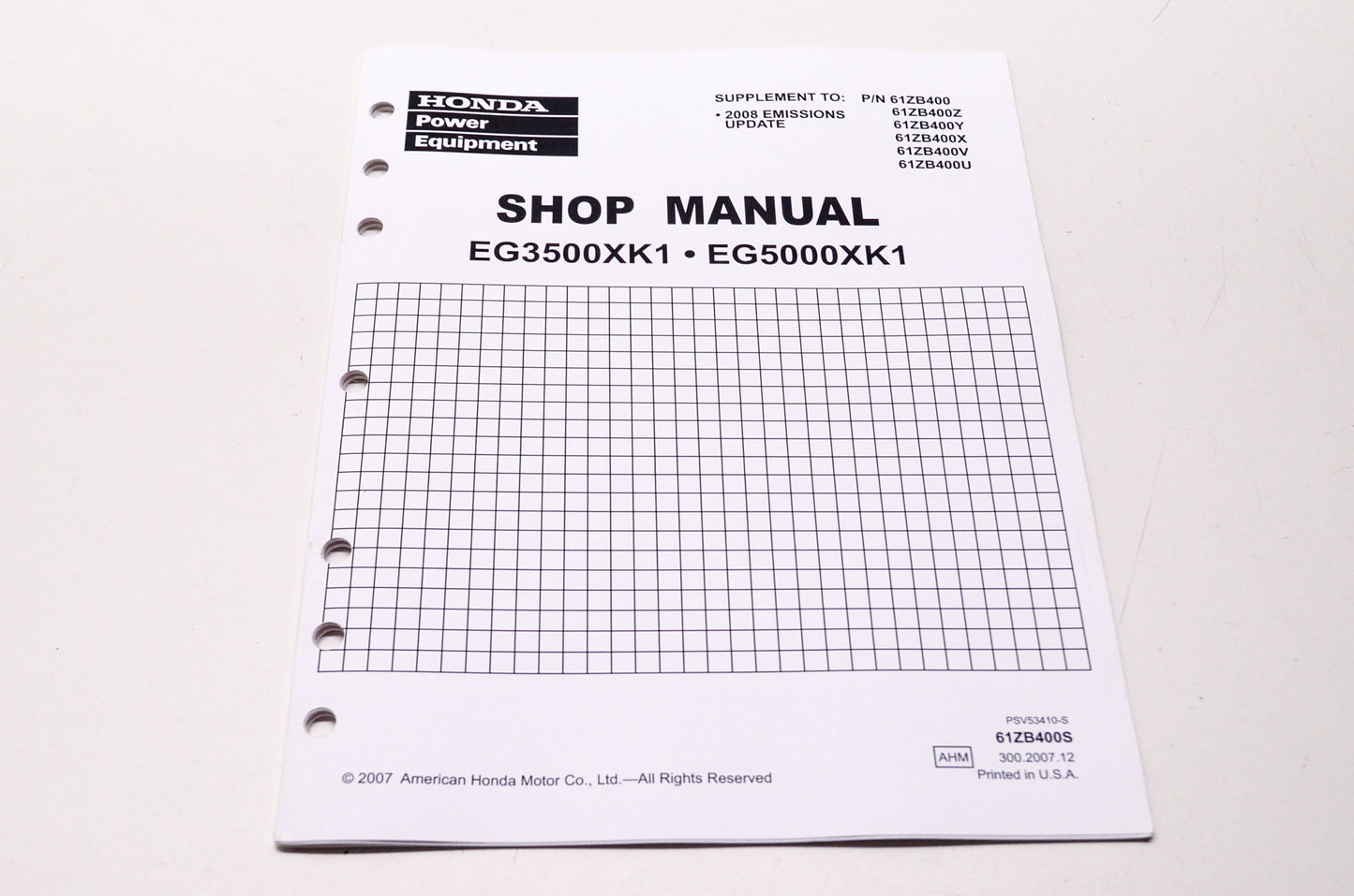 OEM Honda 61ZB400S Power Equipment Service Shop Manual EG3500XK1 EG5000XK1 Suppl