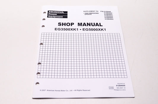OEM Honda 61ZB400S Power Equipment Service Shop Manual EG3500XK1 EG5000XK1 Suppl