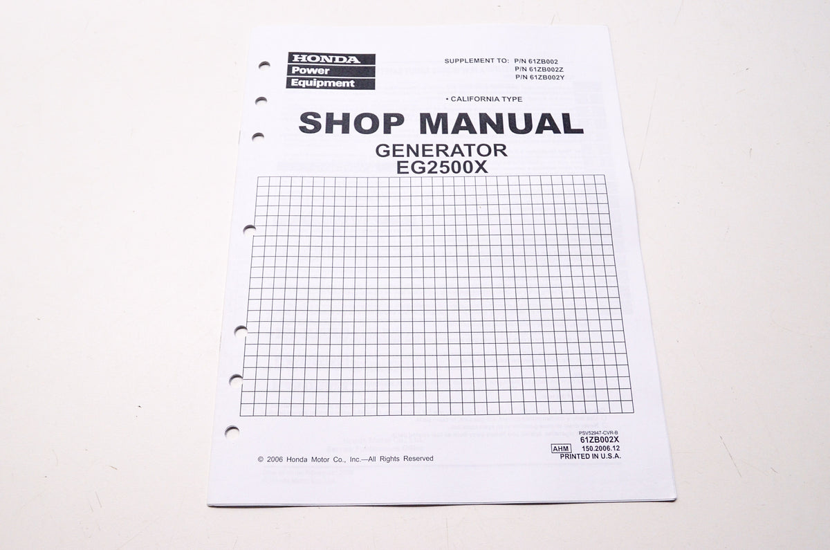 OEM Honda 61ZB002X Power Equipment Service Shop Manual Generator EG2500X Supplem