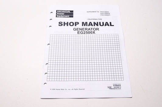 OEM Honda 61ZB002X Power Equipment Service Shop Manual Generator EG2500X Supplem